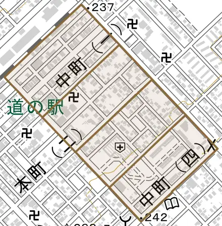 中町とその周辺の地図。町の範囲を重ねている