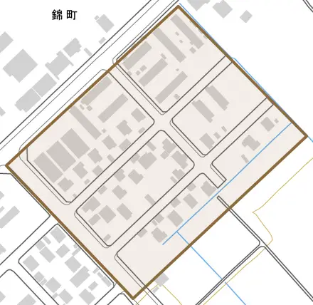 錦町とその周辺の地図。町の範囲を重ねている