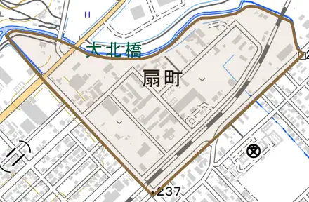 扇町とその周辺の地図。町の範囲を重ねている