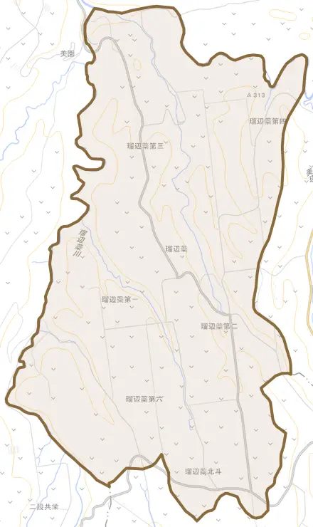 字瑠辺蘂とその周辺の地図。町の範囲を重ねている