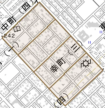 幸町とその周辺の地図。町の範囲を重ねている