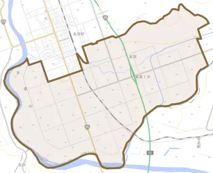 字美深とその周辺の地図。町の範囲を重ねている