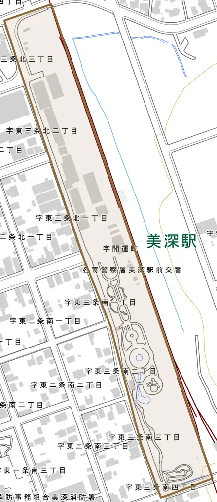 字開運町とその周辺の地図。町の範囲を重ねている