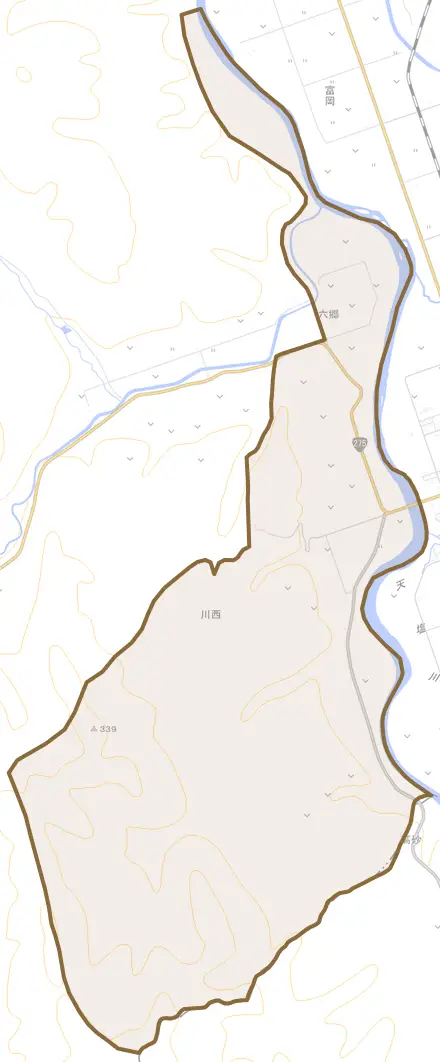 字川西とその周辺の地図。町の範囲を重ねている