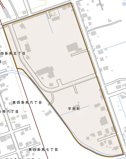 字南町とその周辺の地図。町の範囲を重ねている