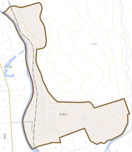 字紋穂内とその周辺の地図。町の範囲を重ねている
