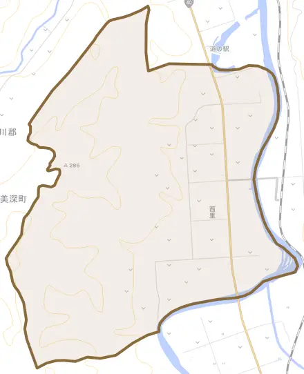 字西里とその周辺の地図。町の範囲を重ねている