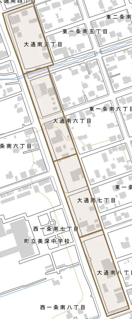 大通南とその周辺の地図。町の範囲を重ねている