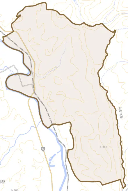 字恩根内とその周辺の地図。町の範囲を重ねている