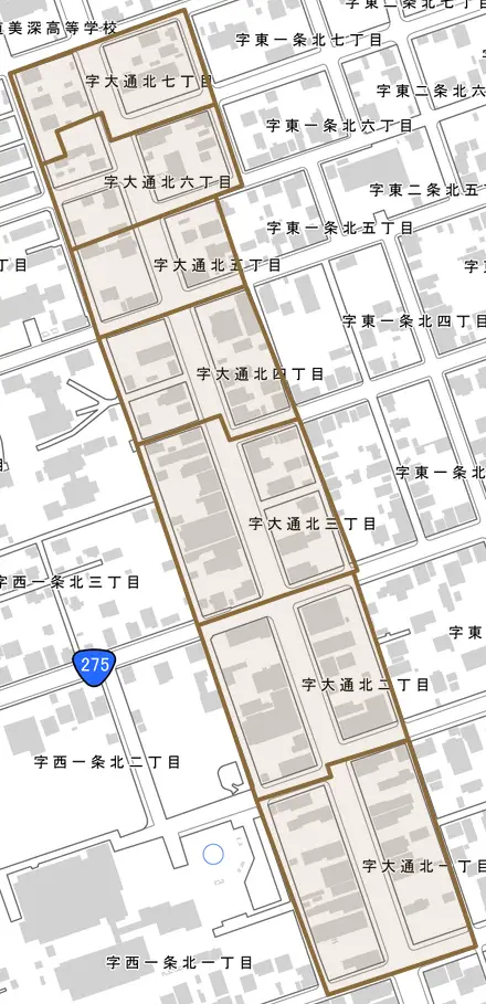 字大通北とその周辺の地図。町の範囲を重ねている