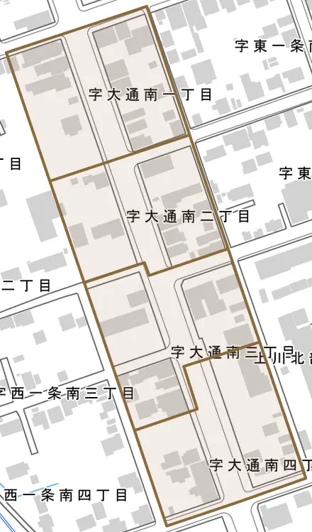字大通南とその周辺の地図。町の範囲を重ねている