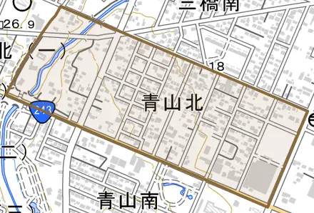 字青山北とその周辺の地図。町の範囲を重ねている