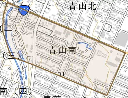 字青山南とその周辺の地図。町の範囲を重ねている