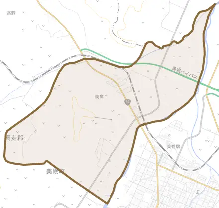 字美禽とその周辺の地図。町の範囲を重ねている