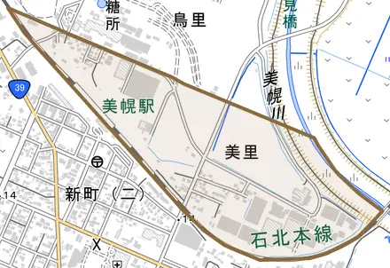 字美里とその周辺の地図。町の範囲を重ねている