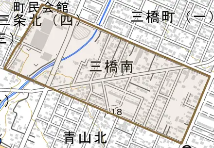 字三橋南とその周辺の地図。町の範囲を重ねている