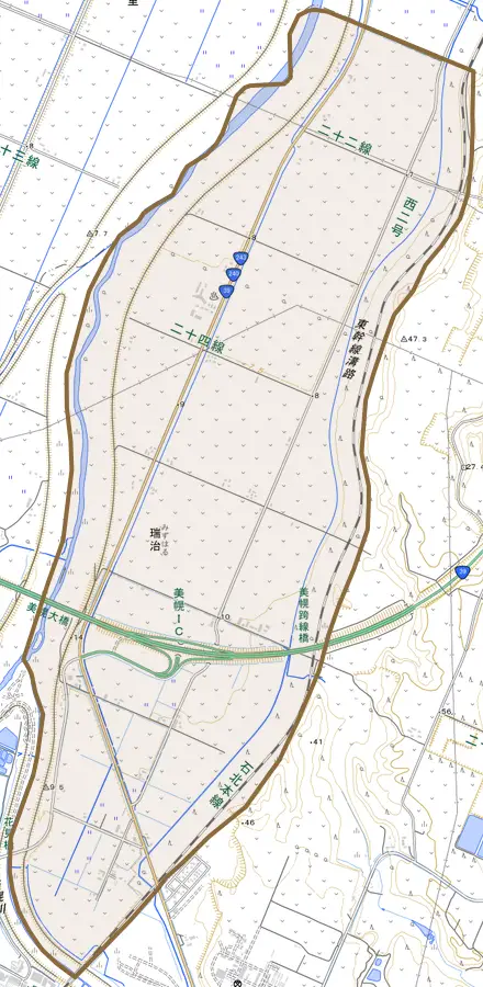 字瑞治とその周辺の地図。町の範囲を重ねている