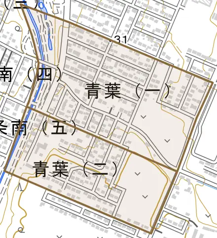 字青葉とその周辺の地図。町の範囲を重ねている