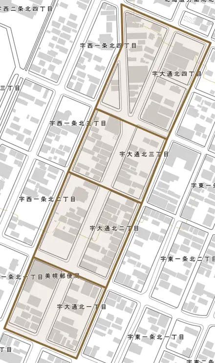 字大通北とその周辺の地図。町の範囲を重ねている