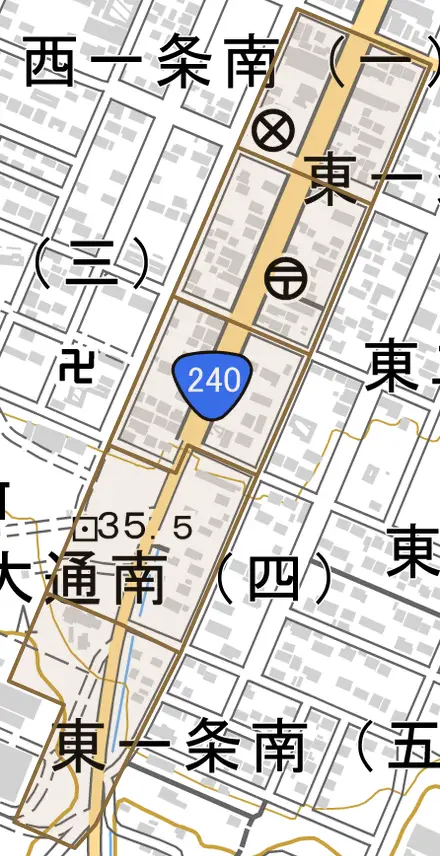 字大通南とその周辺の地図。町の範囲を重ねている