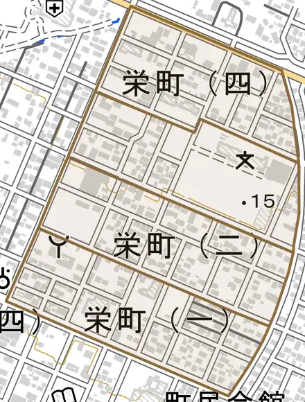 字栄町とその周辺の地図。町の範囲を重ねている