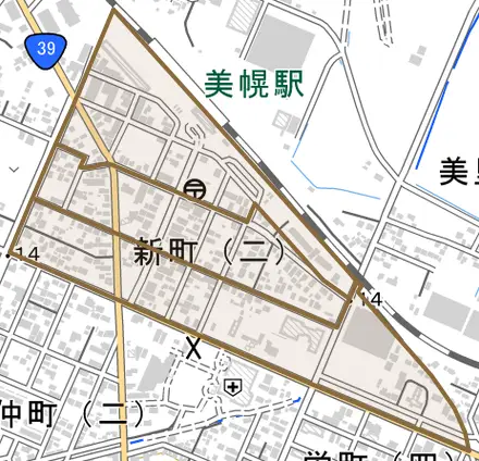 字新町とその周辺の地図。町の範囲を重ねている