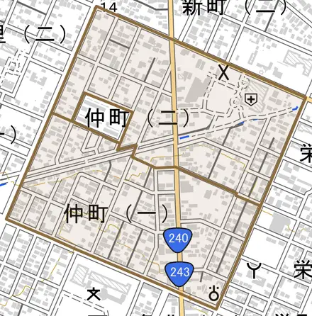 字仲町とその周辺の地図。町の範囲を重ねている
