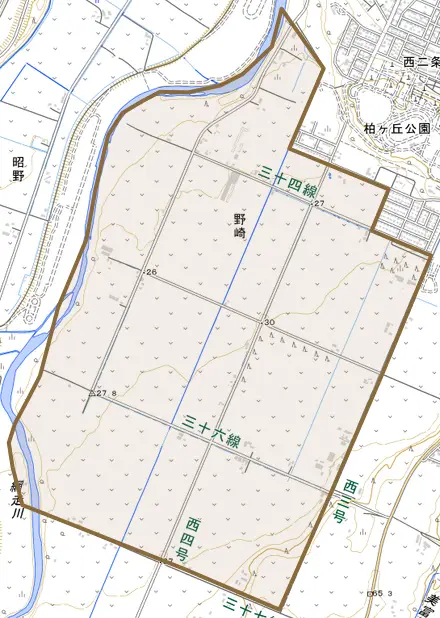 字野崎とその周辺の地図。町の範囲を重ねている