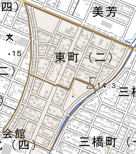 字東町とその周辺の地図。町の範囲を重ねている