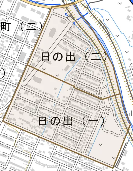 字日の出とその周辺の地図。町の範囲を重ねている