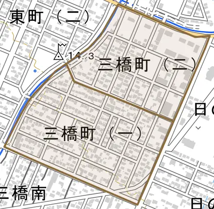 字三橋町とその周辺の地図。町の範囲を重ねている