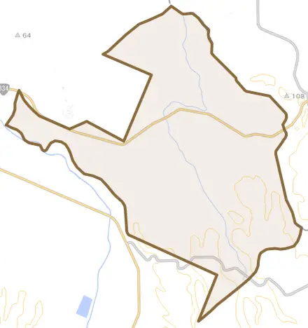 字田中とその周辺の地図。町の範囲を重ねている
