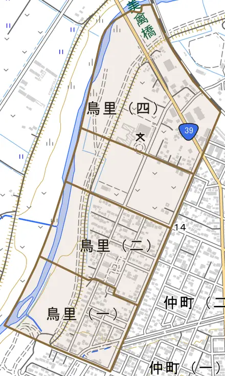 字鳥里とその周辺の地図。町の範囲を重ねている