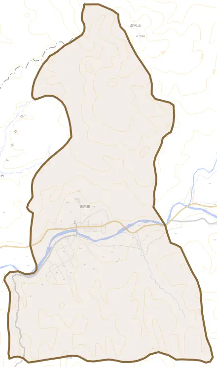 振内町とその周辺の地図。町の範囲を重ねている