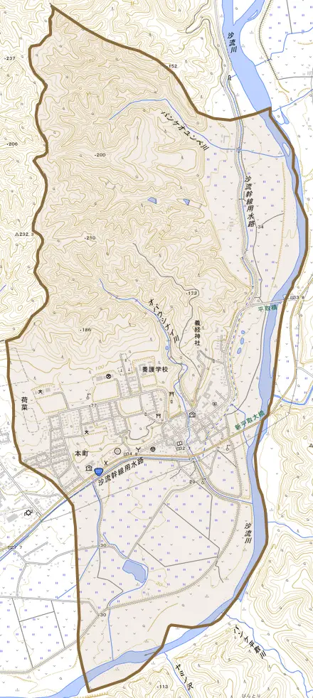 本町とその周辺の地図。町の範囲を重ねている