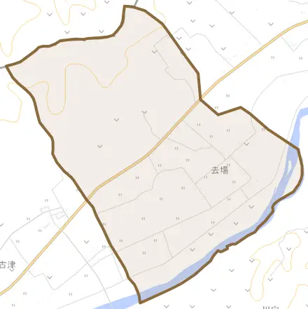 字去場とその周辺の地図。町の範囲を重ねている