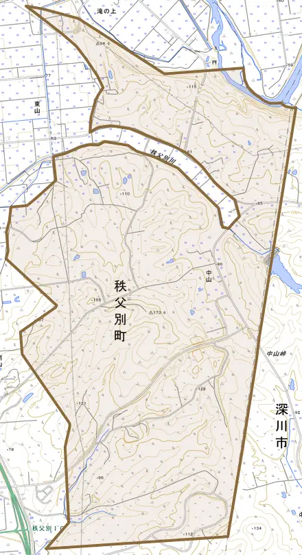 字中山とその周辺の地図。町の範囲を重ねている
