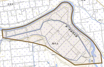 字滝の上とその周辺の地図。町の範囲を重ねている
