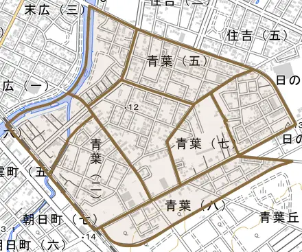 青葉とその周辺の地図。町の範囲を重ねている
