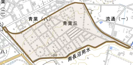 青葉丘とその周辺の地図。町の範囲を重ねている
