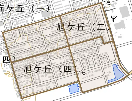 旭ケ丘とその周辺の地図。町の範囲を重ねている