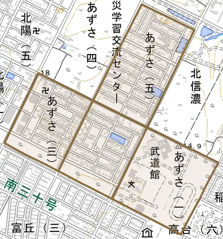 あずさとその周辺の地図。町の範囲を重ねている