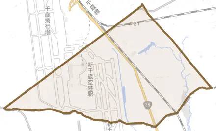 美々とその周辺の地図。町の範囲を重ねている
