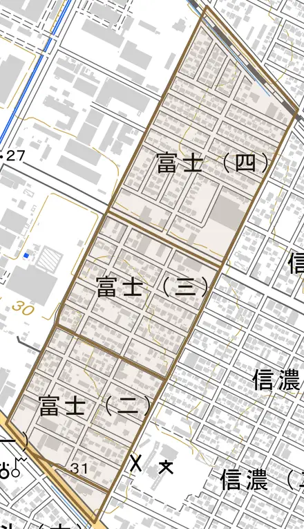 富士とその周辺の地図。町の範囲を重ねている