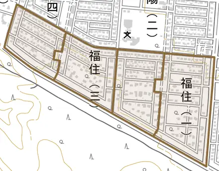 福住とその周辺の地図。町の範囲を重ねている