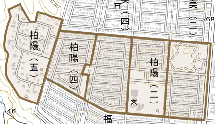 柏陽とその周辺の地図。町の範囲を重ねている