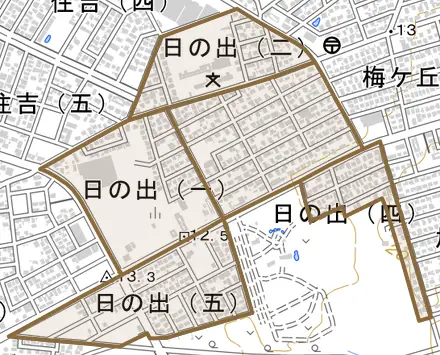 日の出とその周辺の地図。町の範囲を重ねている