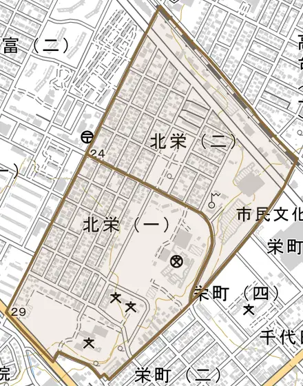 北栄とその周辺の地図。町の範囲を重ねている