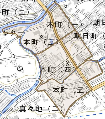 本町とその周辺の地図。町の範囲を重ねている