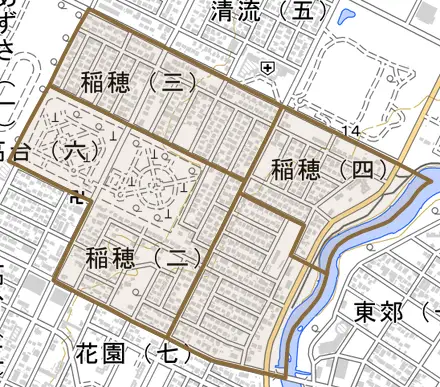 稲穂とその周辺の地図。町の範囲を重ねている